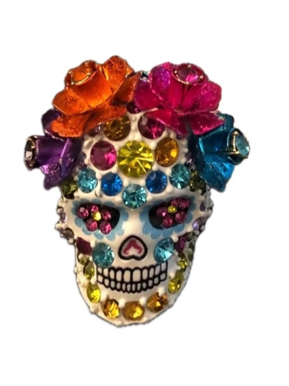 Bejeweled Sugar Skull Brooch Colorful Day of the Dead Floral Pin Gift Box NEW